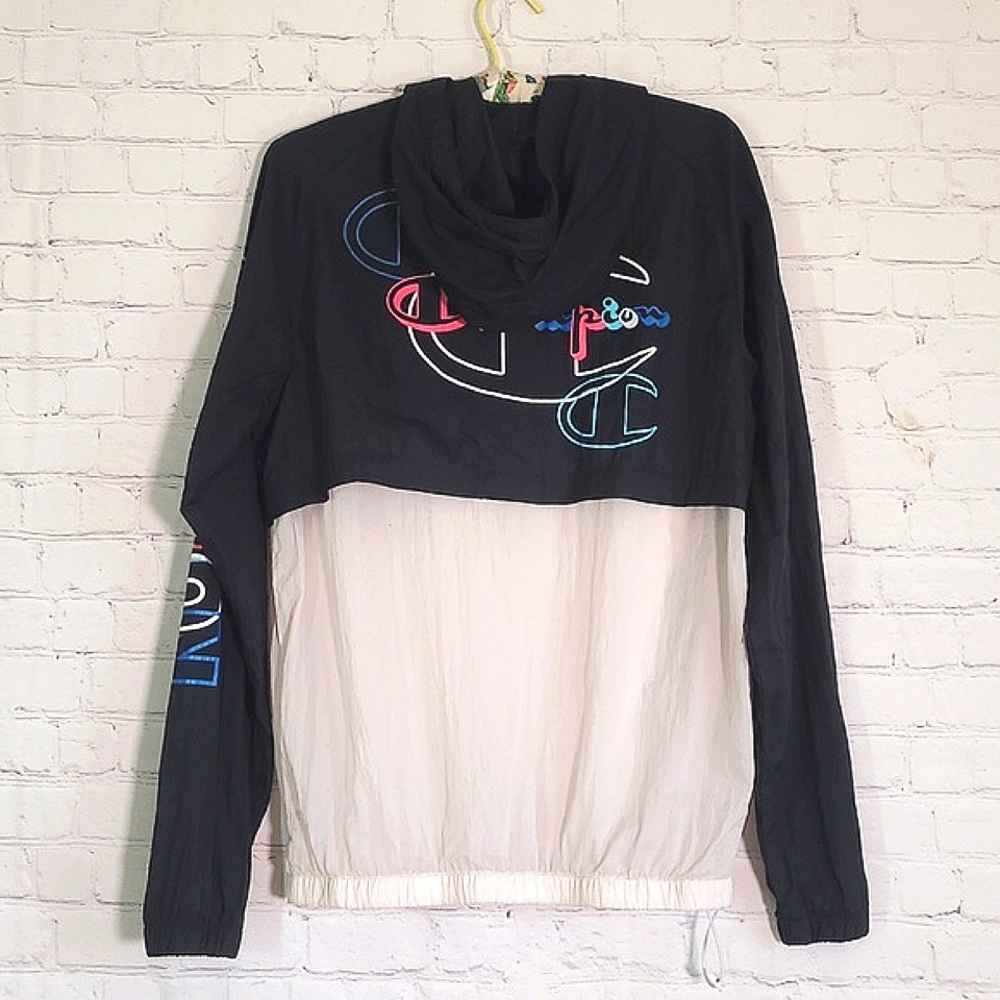 Vintage 90s Champion Spellout Logo Large Print Sleeve Windbreaker Hoodie  Size M